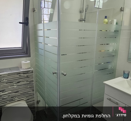 מקלחון זכוכית עם ראש מקלחת ומדף מוצרים